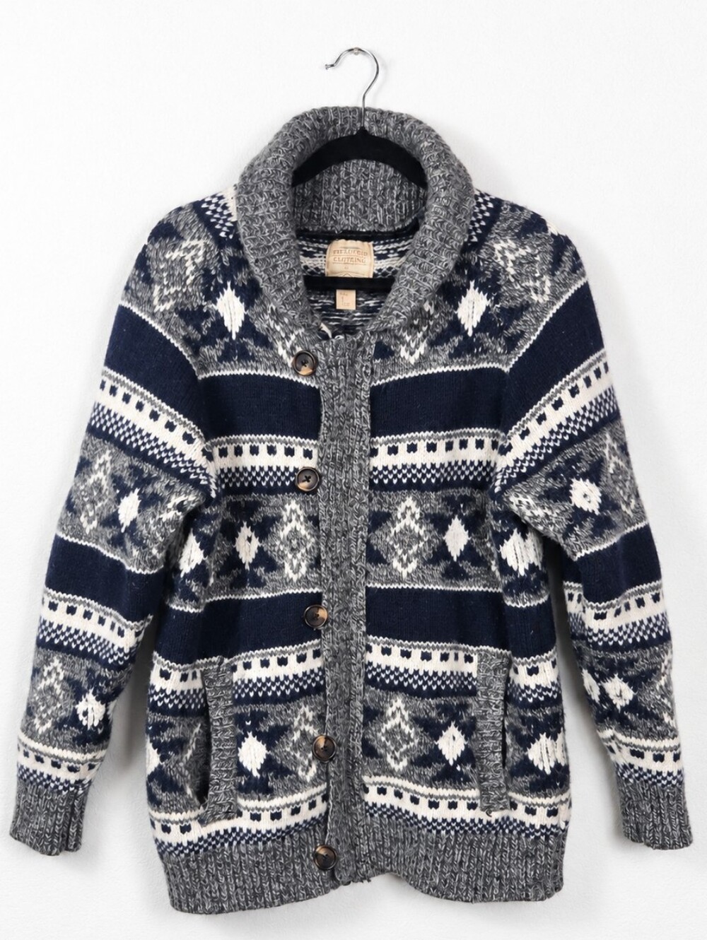 Telluride Men's Lambswool Fair Isle Shawl Cardigan Nordic Grandpa Sweater L Wool